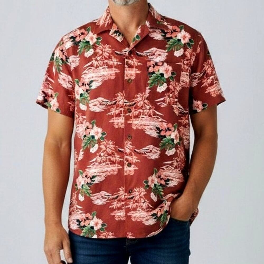Grayers Bali Red Tropical Print Cotton Button Front Camp Shirt Men's Size S NWT